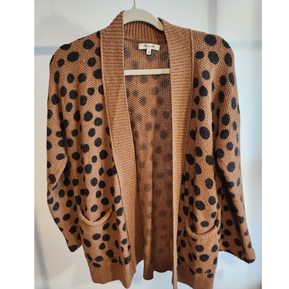 Madewell Polka Dot Cardigan Sweater Camel Black XS Open Front Pockets